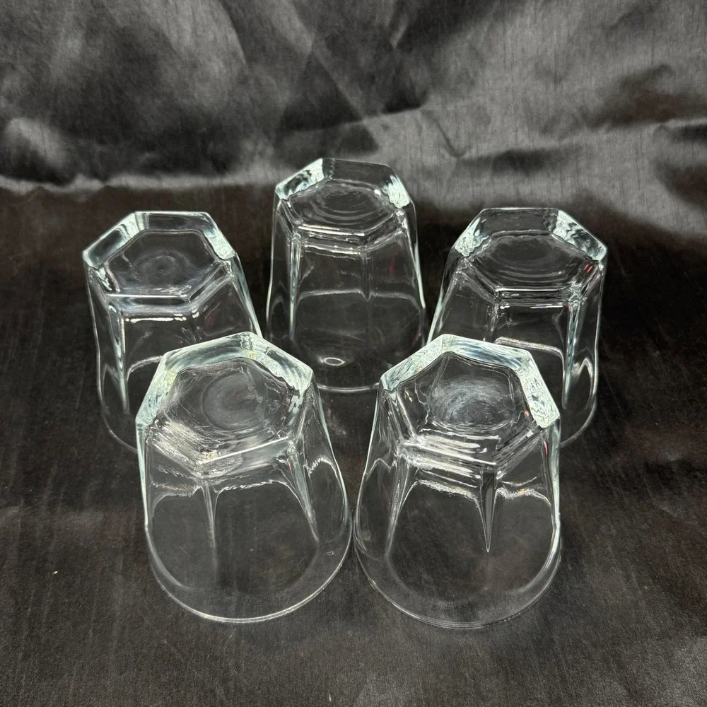 Vintage Anchor Hocking Courtney Set of 5 Glasses Hexagon Paneled Retro Barware